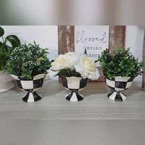 Hand-Painted, Unique, Checkered Black and White Pedestal Planter Set!